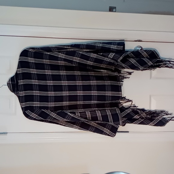 Anthropologie En Crème Fringed Open Cardigan Long Roll Tab Sleeve Med Navy/Cream - Picture 2 of 11